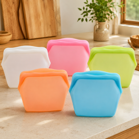 The silicone bag in five colors on a kitchen counter