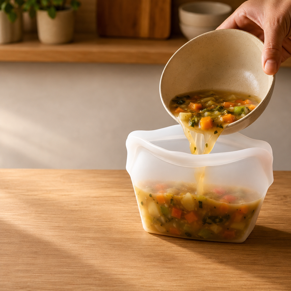 Soup being poured into the silicone bag while it stands open by itself