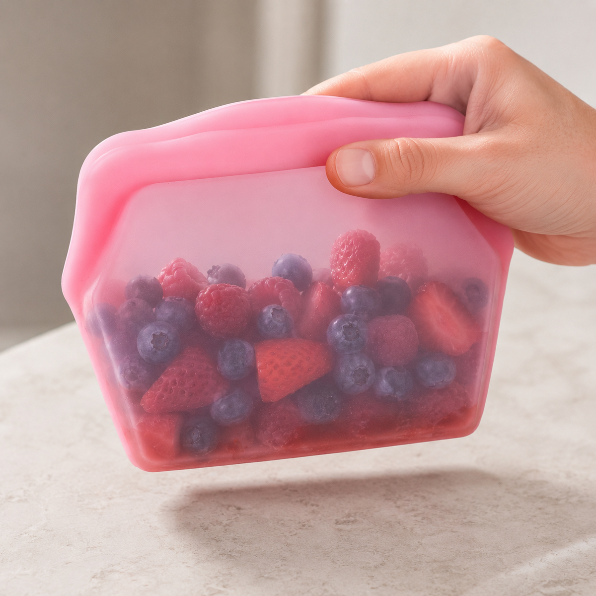 A hand holding the sealed bag filled with berries