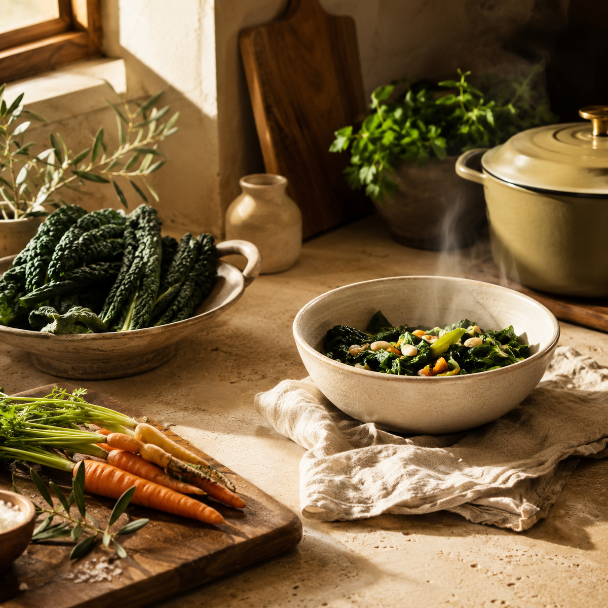 Fresh vegetables and a pot on a kitchen counter