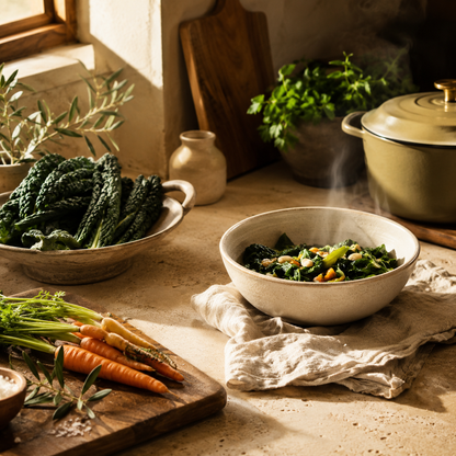 Fresh vegetables and a pot on a kitchen counter