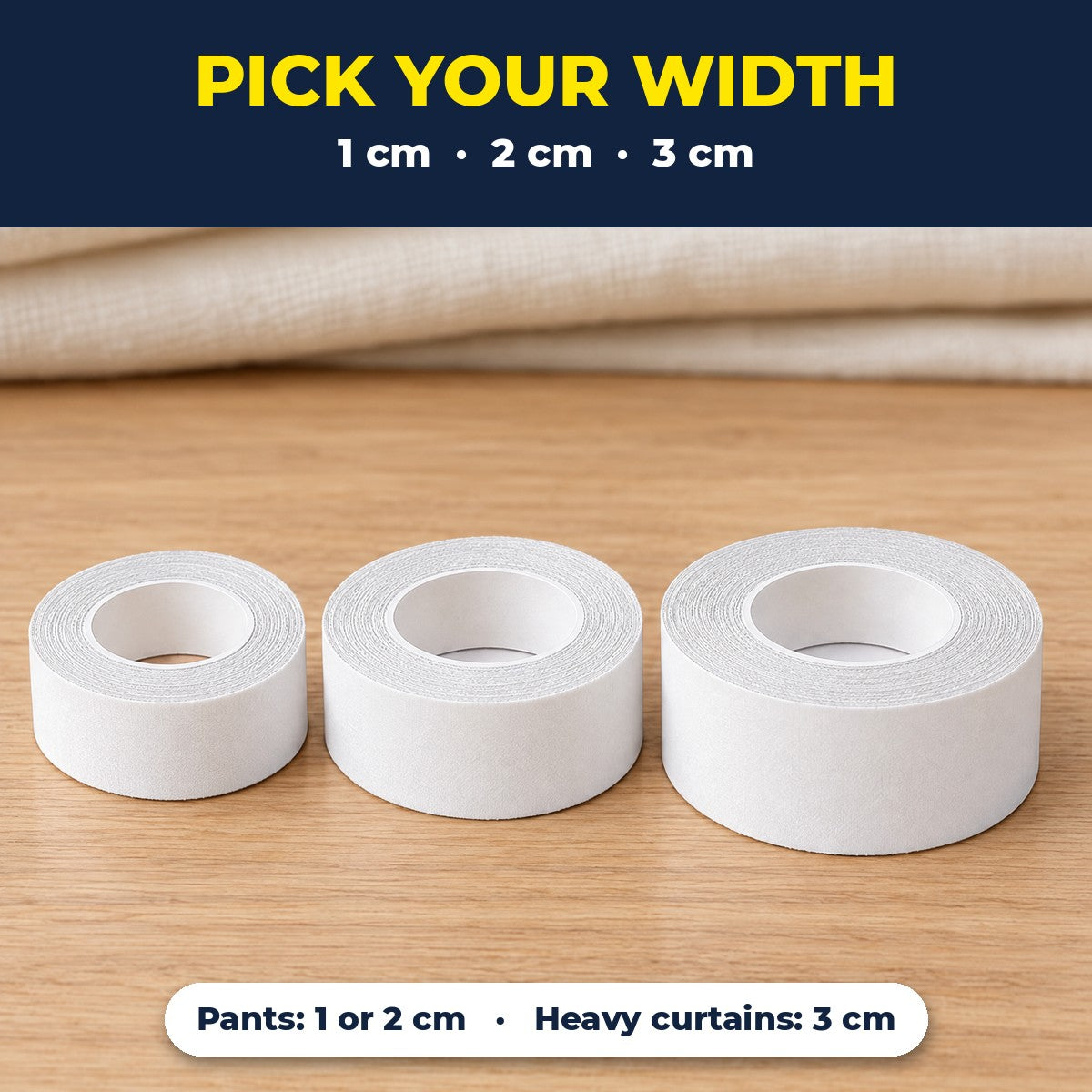 Three widths of hem tape: 1 cm, 2 cm, 3 cm