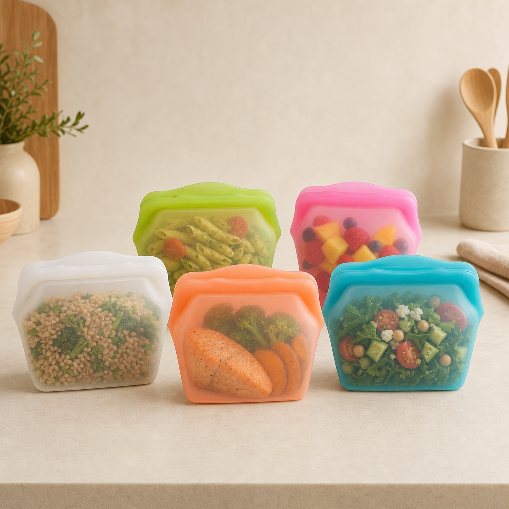 Five bags in five colors filled with different foods