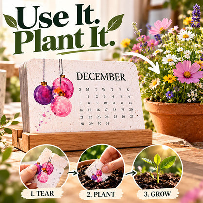 2027 plantable seed paper calendar on a wooden stand - Use It, Plant It, Grow It infographic with a terracotta pot of wildflowers