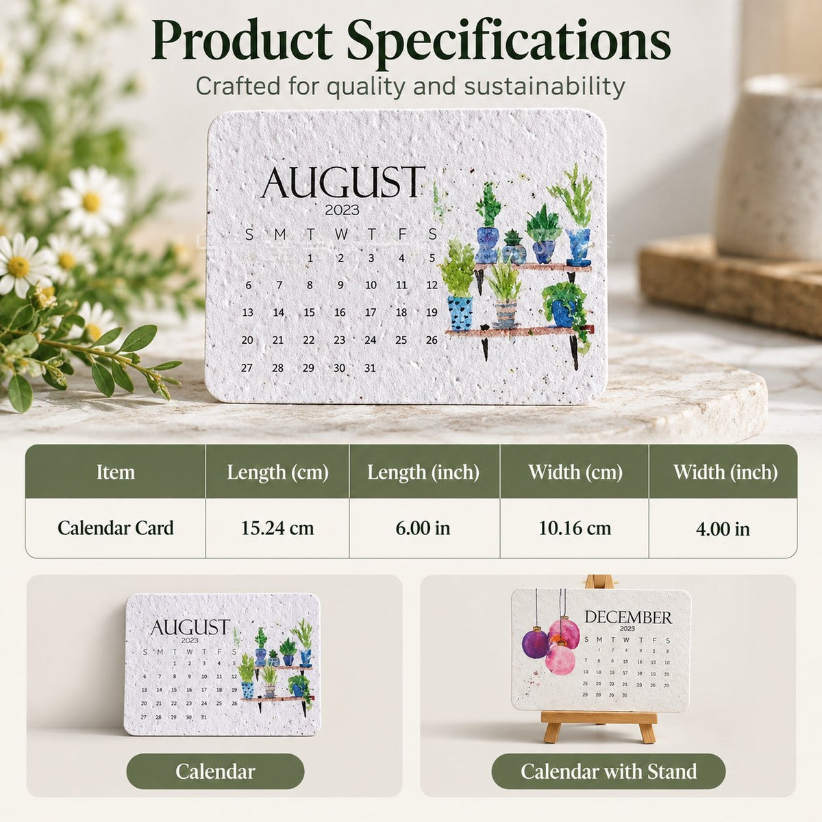 2027 plantable calendar specifications: 15.24 x 10.16 cm seed paper card, shown flat and with a wooden stand
