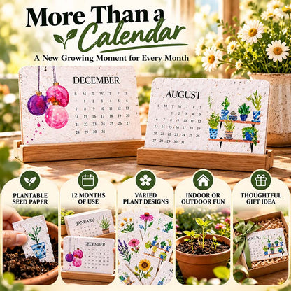 More than a calendar - 2027 plantable seed paper calendar on wooden stands with plantable paper, 12 months of use and gift idea callouts