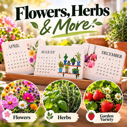 Plantable calendar pages grow flowers, herbs and strawberries - April, August and December seed paper cards on a wooden tray