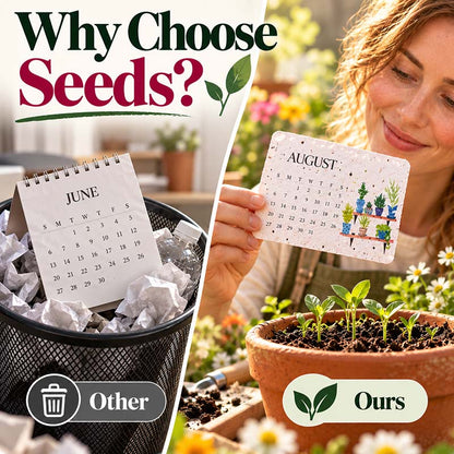 Plantable seed paper calendar next to a regular paper calendar thrown in the bin - eco-friendly comparison