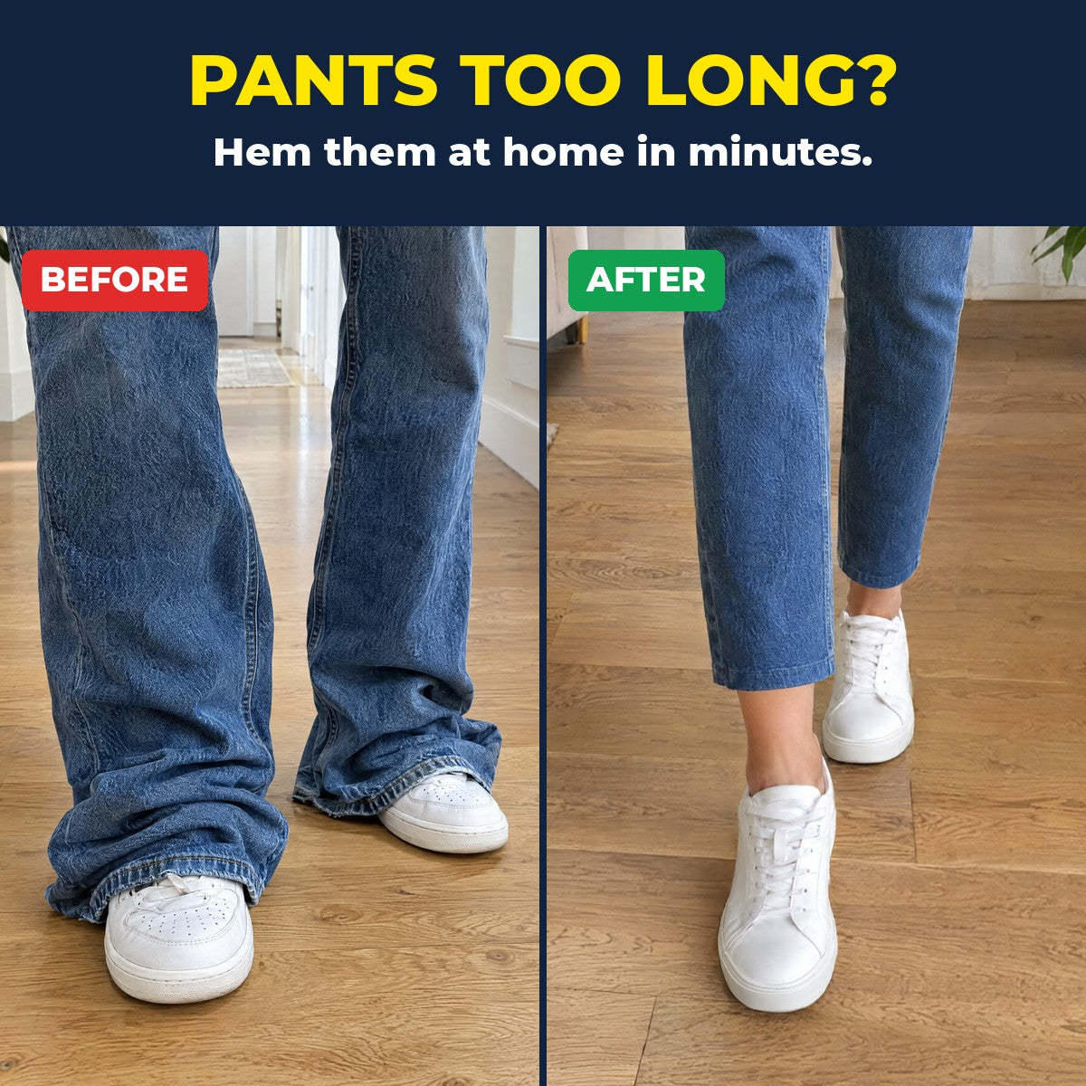 Too-long jeans before and after hemming with tape