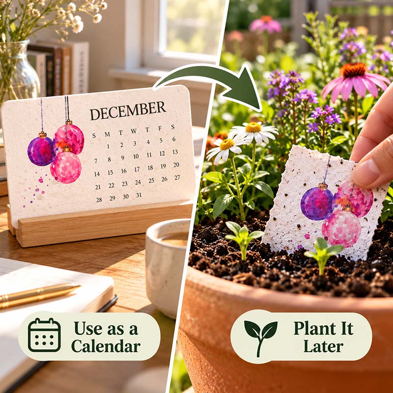 Use the seed paper calendar on a desk month by month, then plant the torn pages outdoors to grow flowers