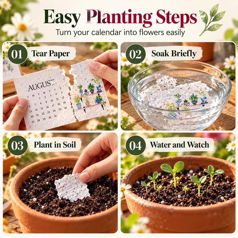 Four easy planting steps for the plantable calendar: tear the paper, soak briefly, plant in soil, water and watch it grow