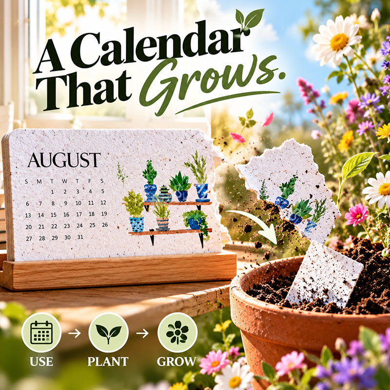 August page of the 2027 plantable calendar being torn up and planted in soil to grow wildflowers