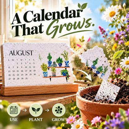 August page of the 2027 plantable calendar being torn up and planted in soil to grow wildflowers