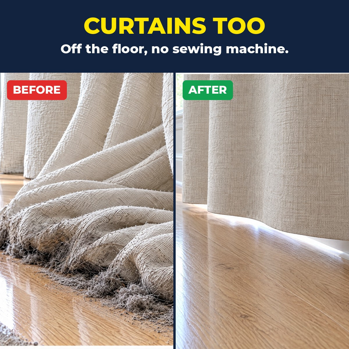 Too-long curtains before and after hemming with tape