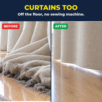 Too-long curtains before and after hemming with tape