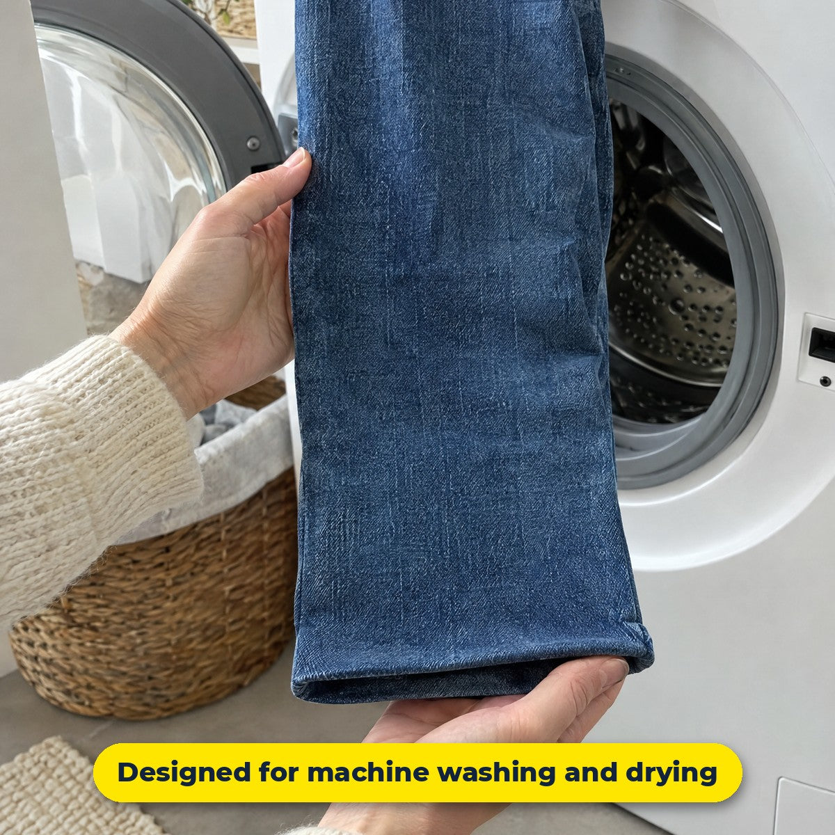 Washed jeans with the hem still closed