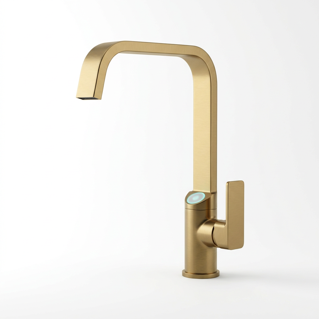 Waterfall kitchen faucet in brushed brass, side view
