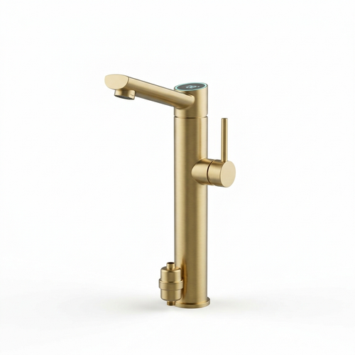 Rotating bathroom faucet with built-in filter in brushed gold, side view