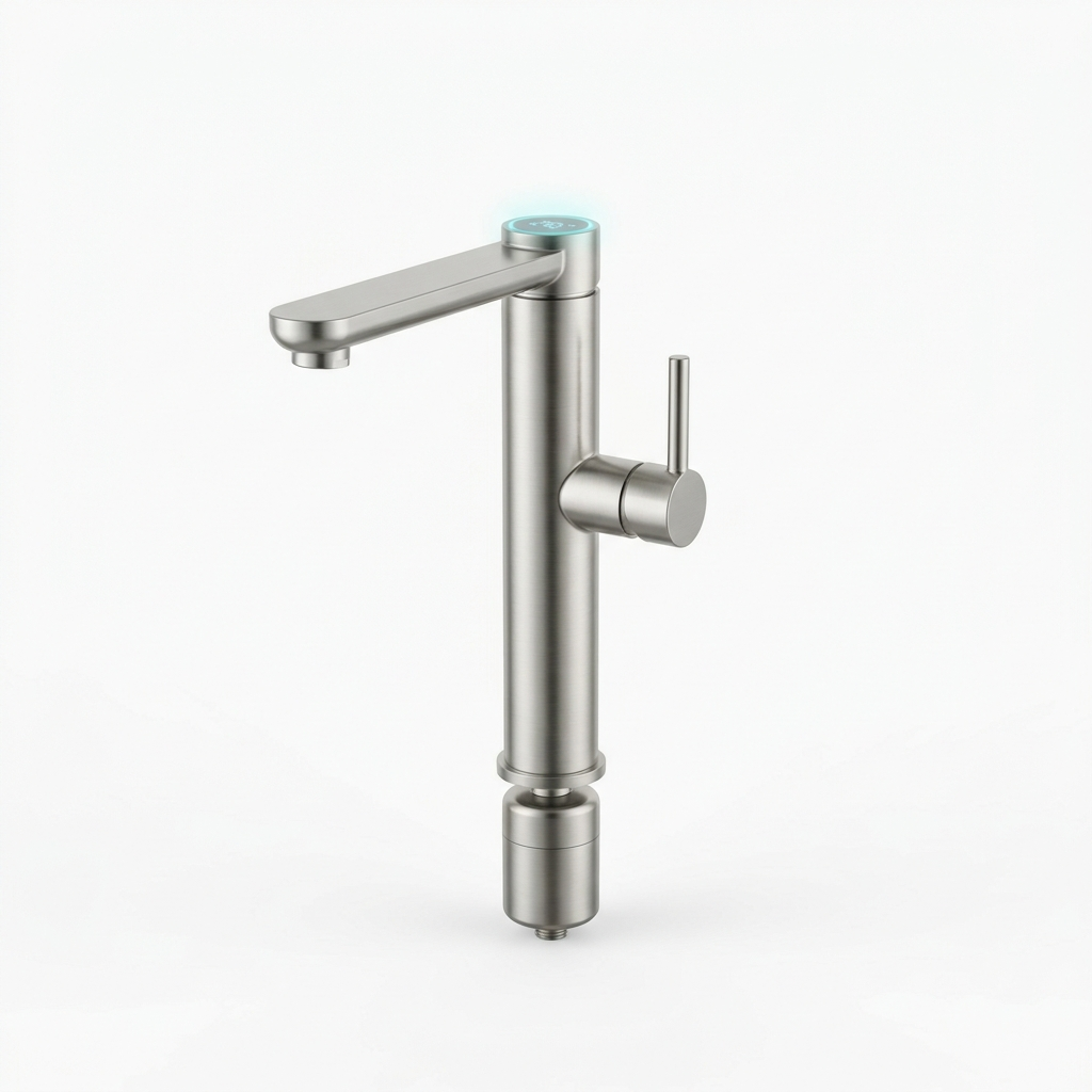 Rotating bathroom faucet with built-in filter in brushed nickel, front view