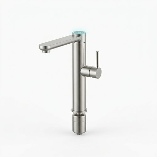 Rotating bathroom faucet with built-in filter in brushed nickel, front view