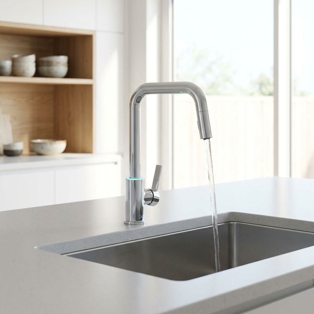 Kitchen faucet installed over a stainless steel undermount sink