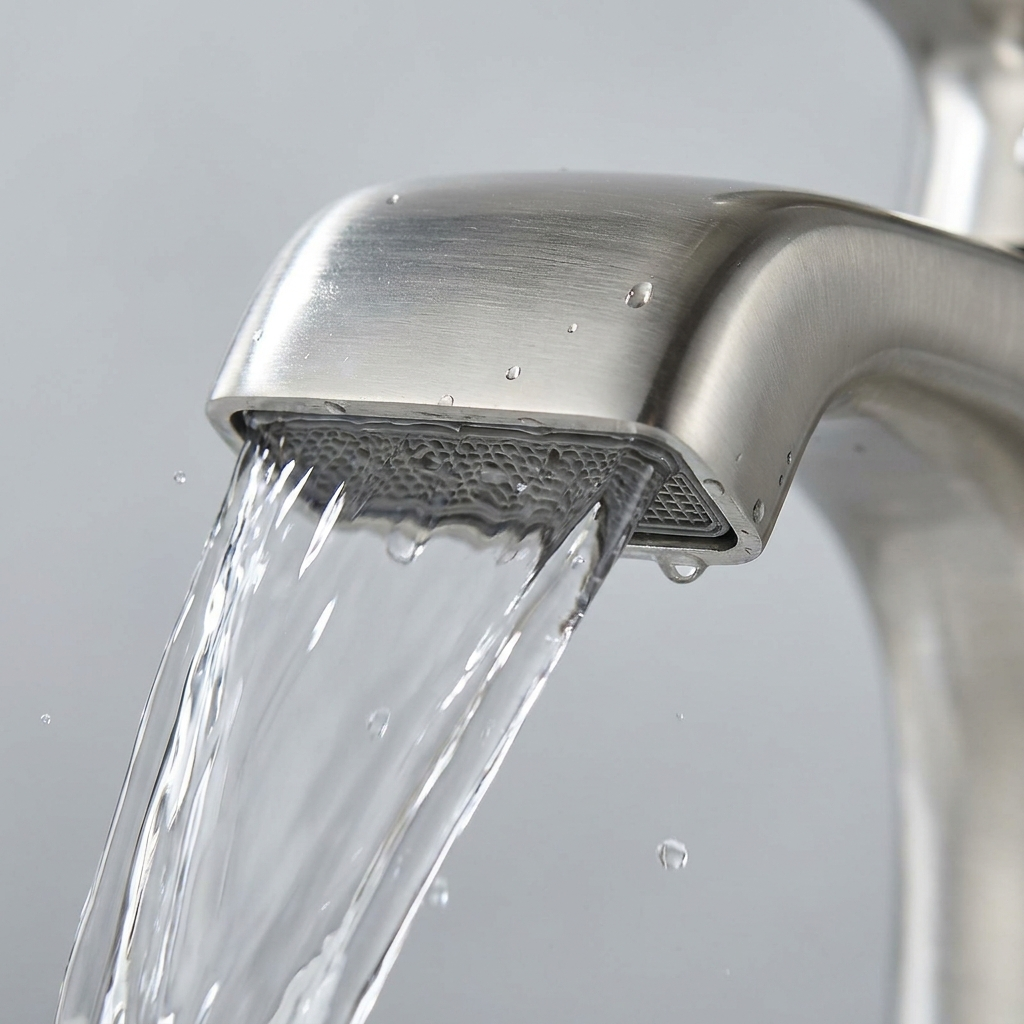 Close-up of the wide flat spout outlet with water flowing