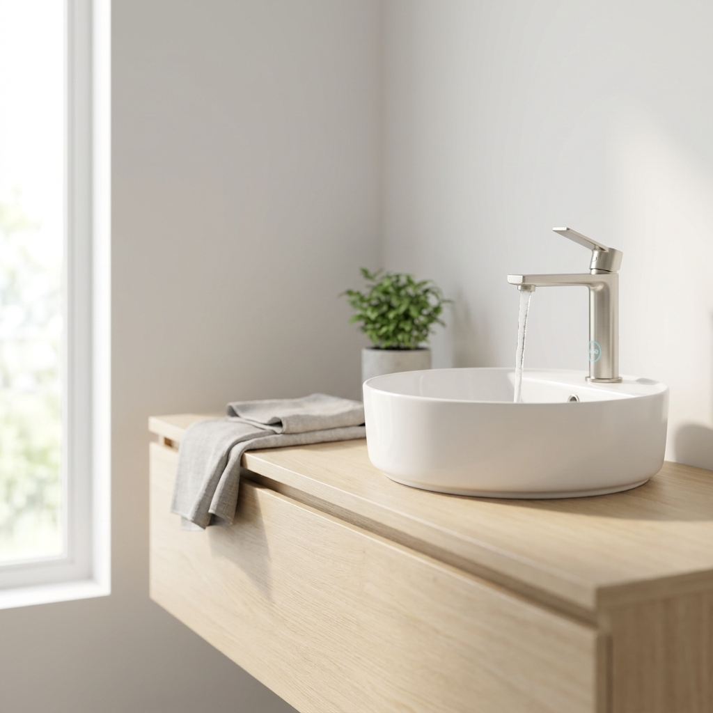 Bathroom faucet installed on a white vessel basin
