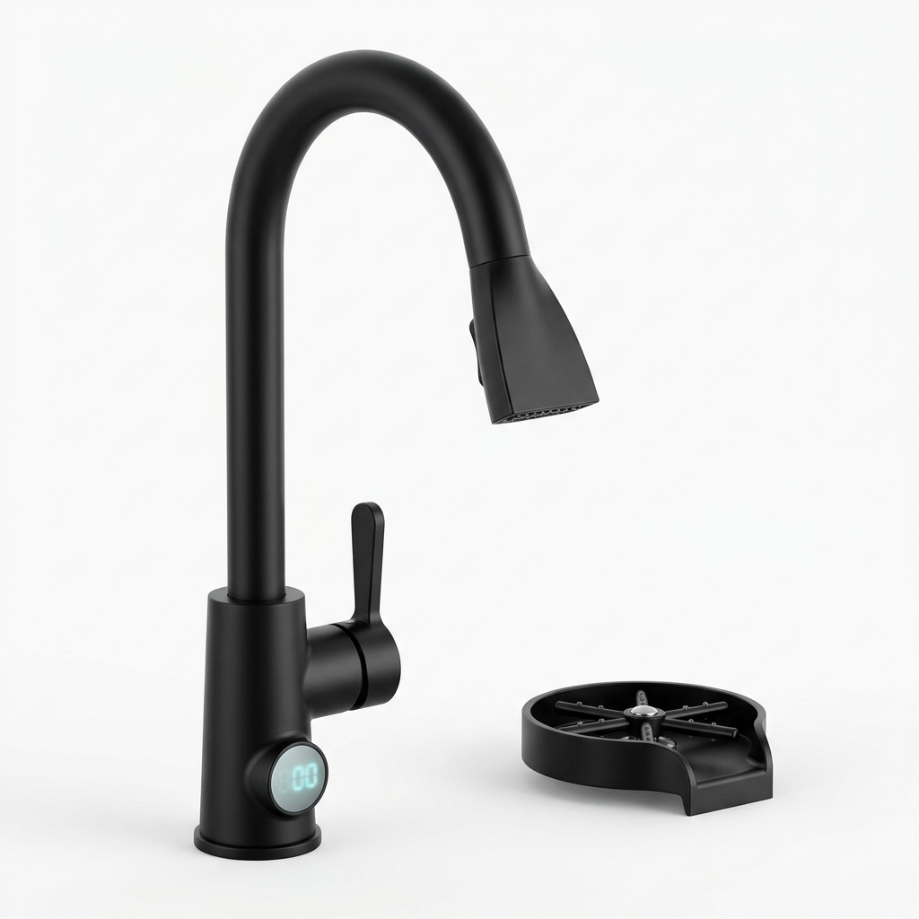 Touchless kitchen faucet and glass rinser in matte black