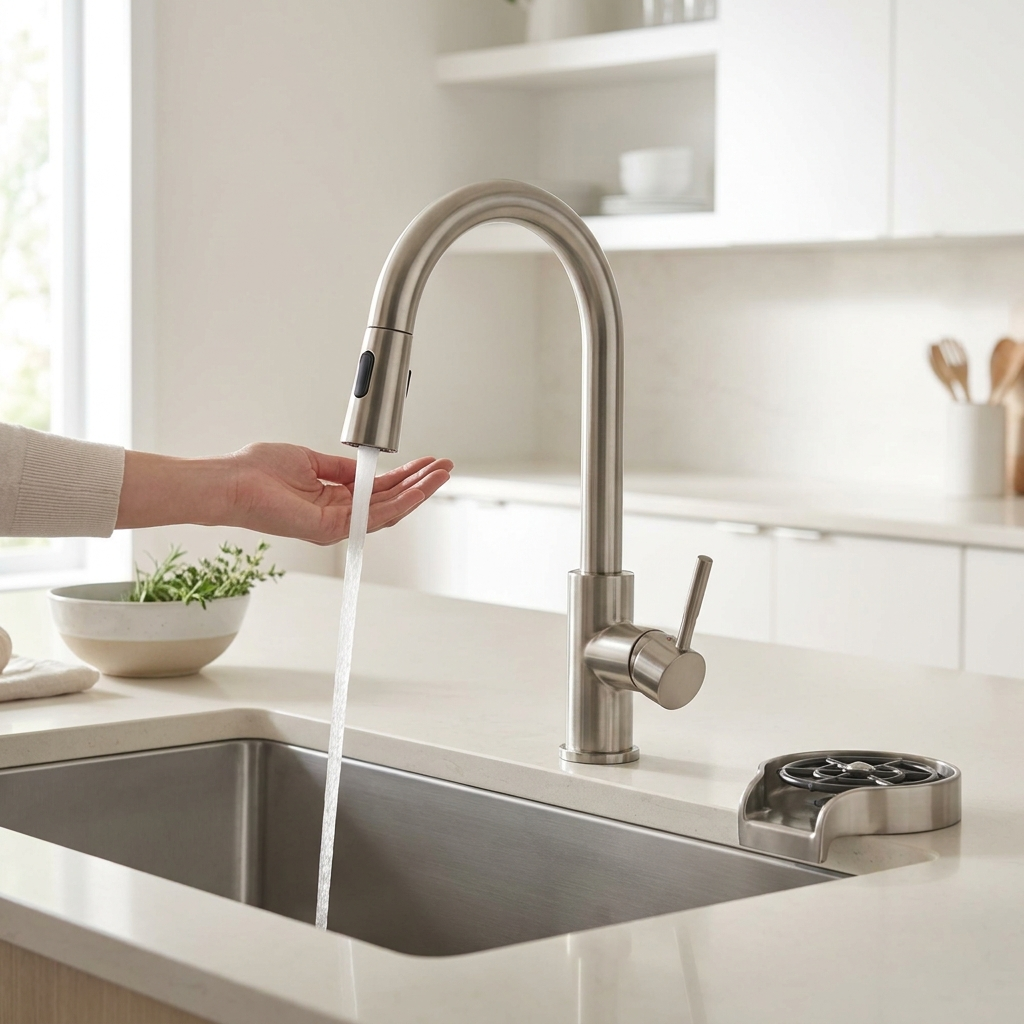 Touchless faucet in use, hand near the sensor without touching