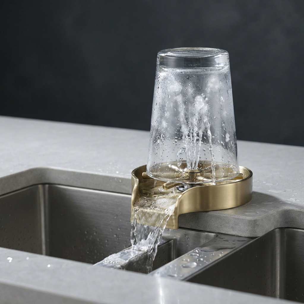 Glass rinser cleaning an upturned drinking glass