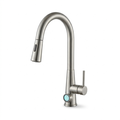 Touchless pull-out kitchen faucet in brushed nickel, front view