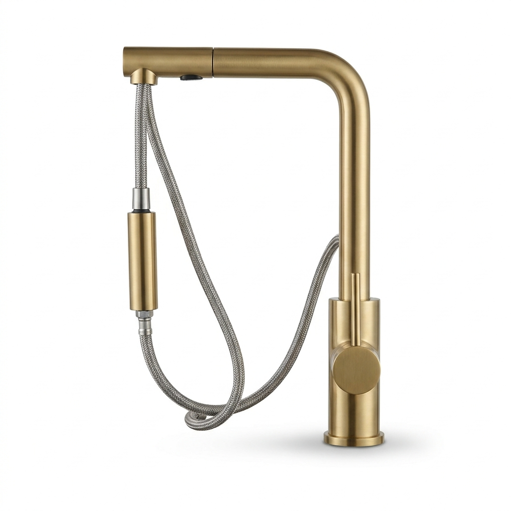 Kitchen faucet in brushed gold with the spray head pulled out