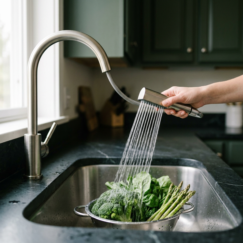 Spray head rinsing vegetables in a kitchen sink
