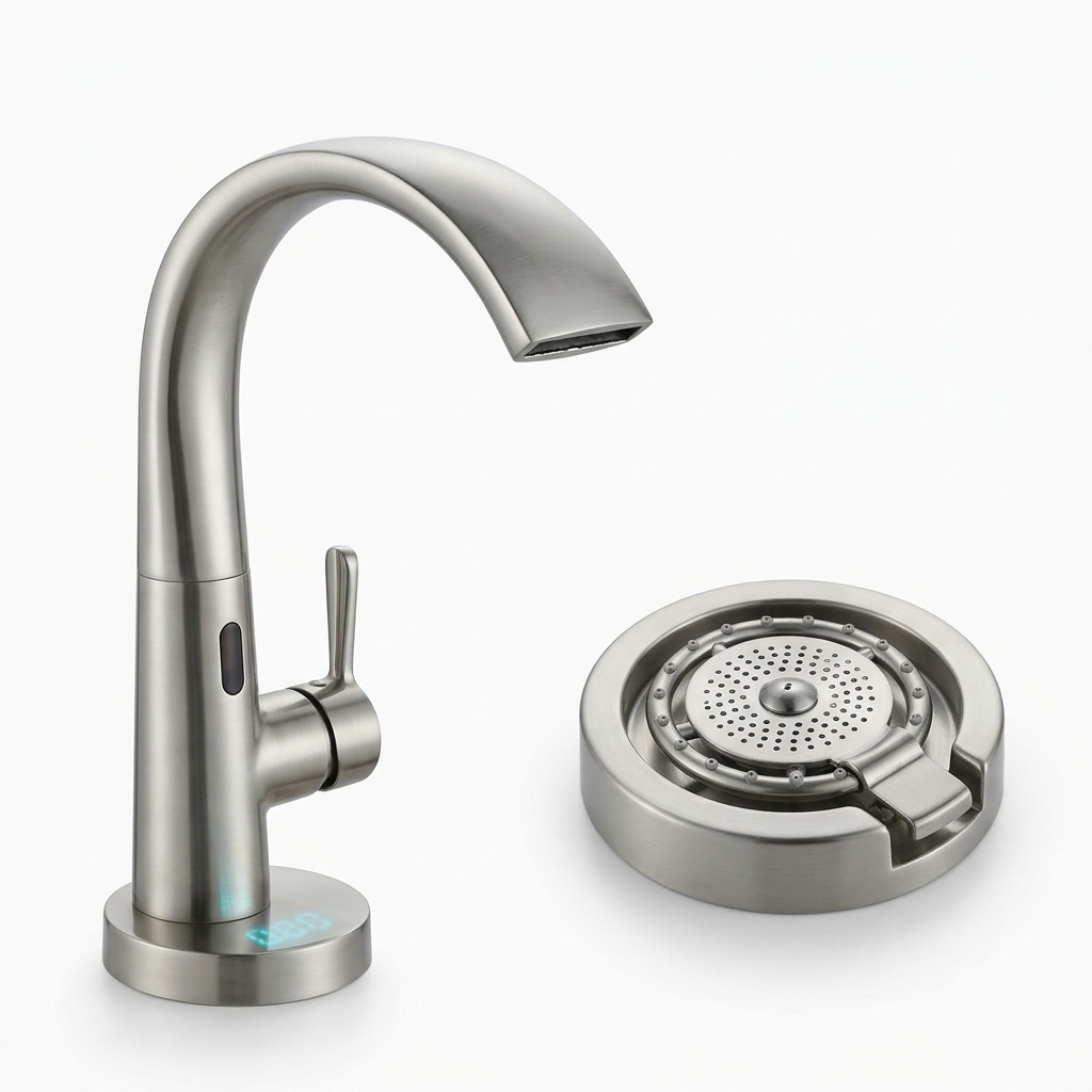 Touchless kitchen faucet and countertop glass rinser in brushed nickel