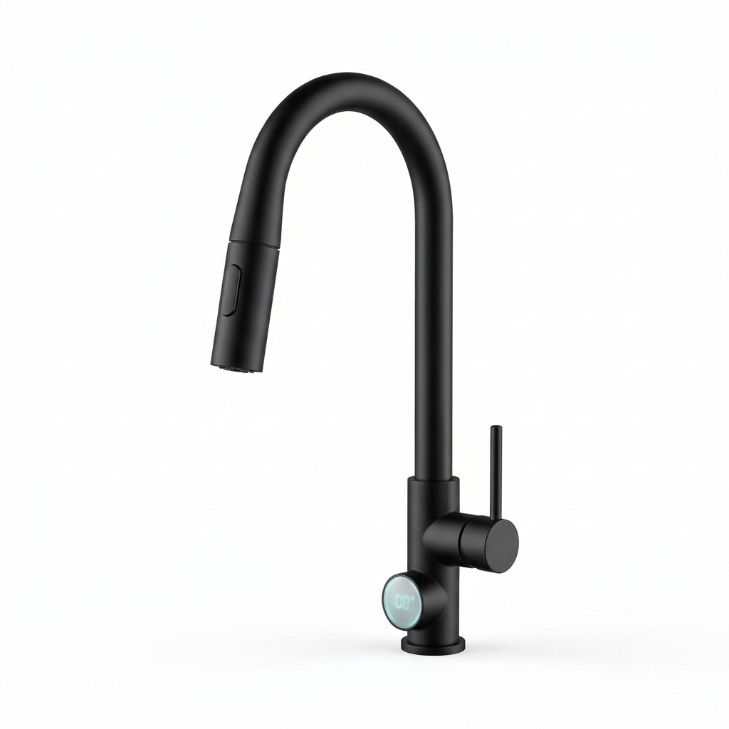Touchless pull-out kitchen faucet in matte black, front view