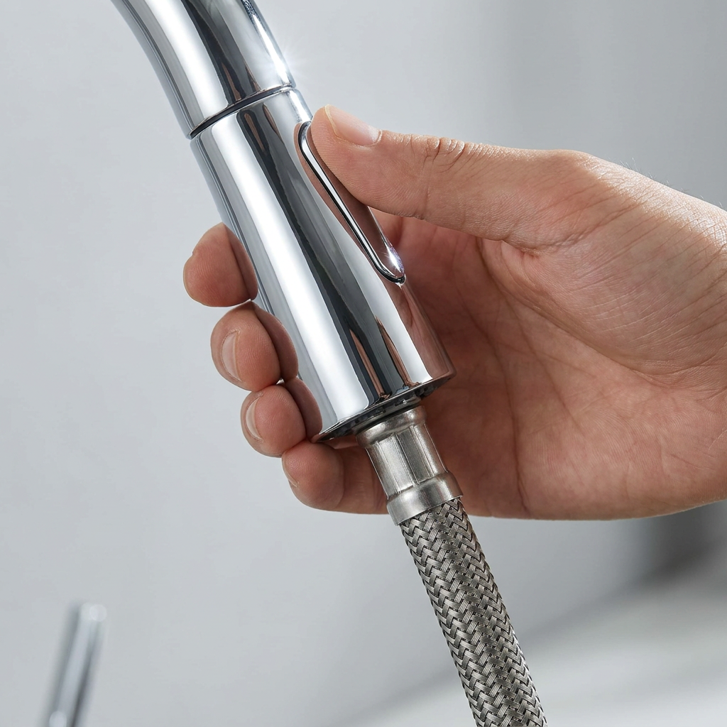 Close-up of the pull-down spray head on its hose