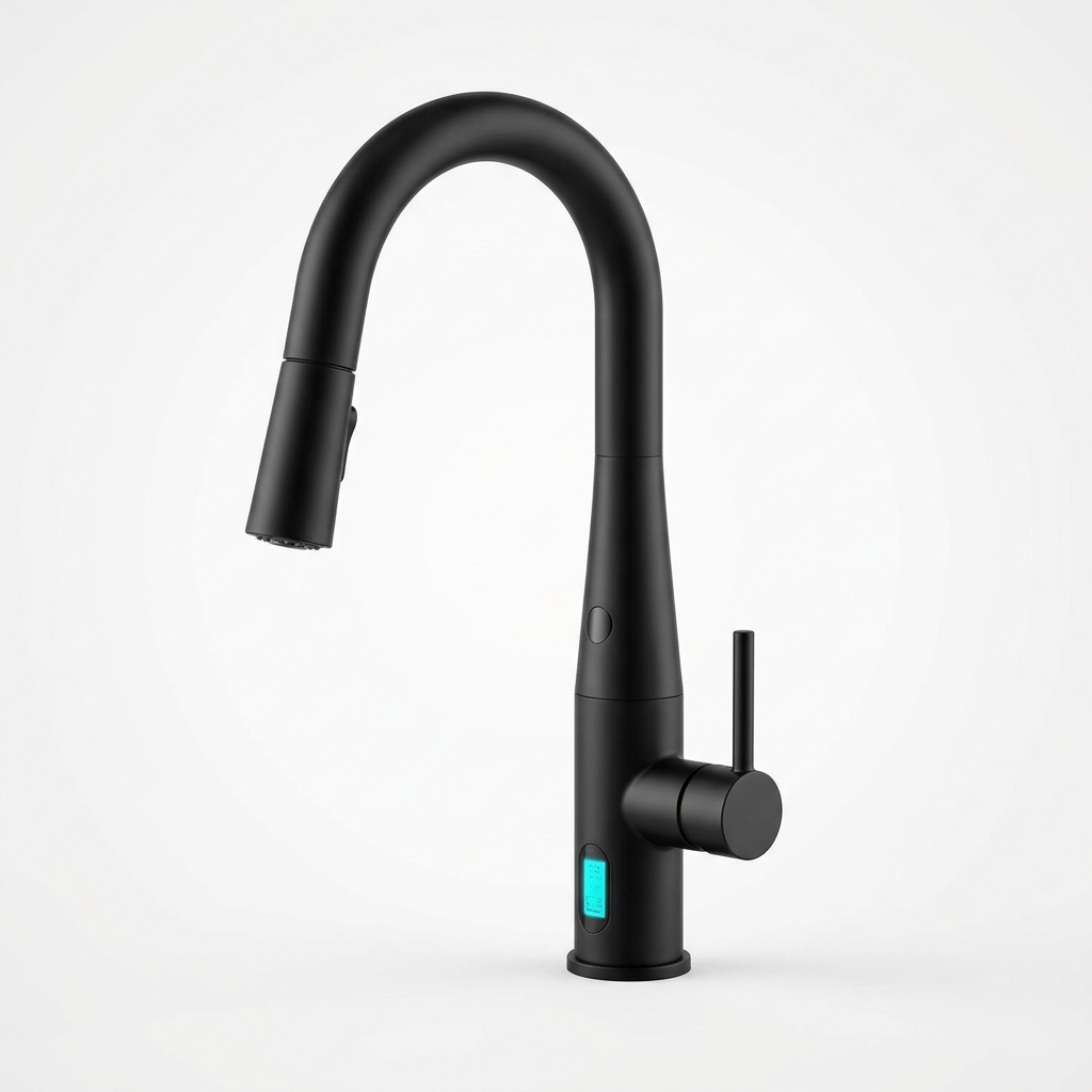 Touchless pull-down kitchen faucet in matte black, front view