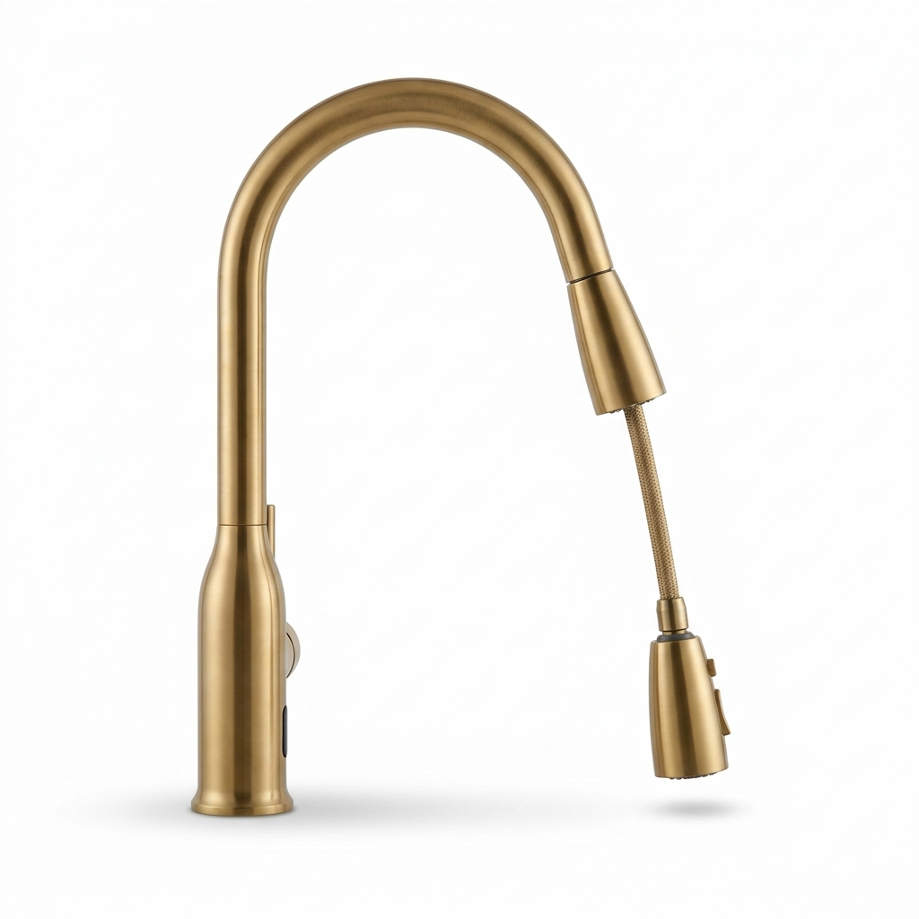 Kitchen faucet in brushed gold with the spray head pulled down