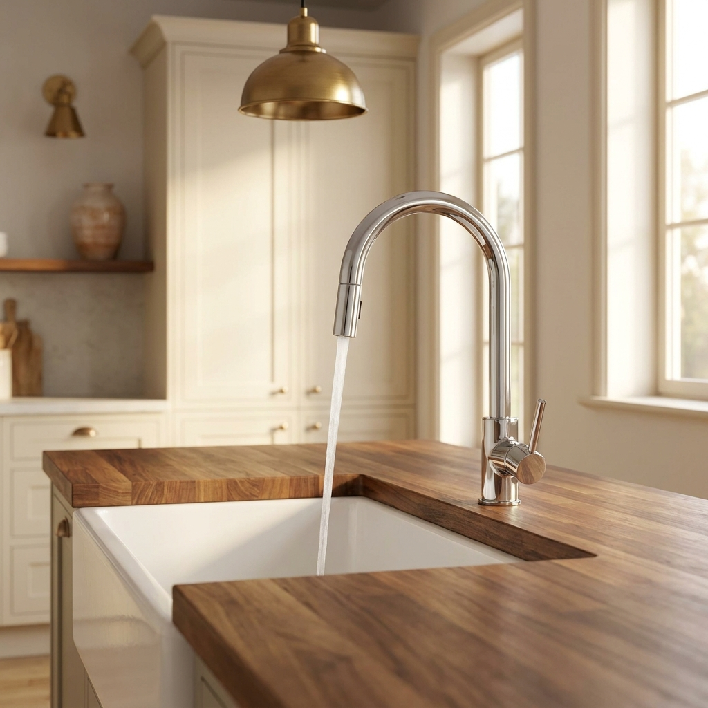 Arched kitchen faucet installed over a farmhouse sink