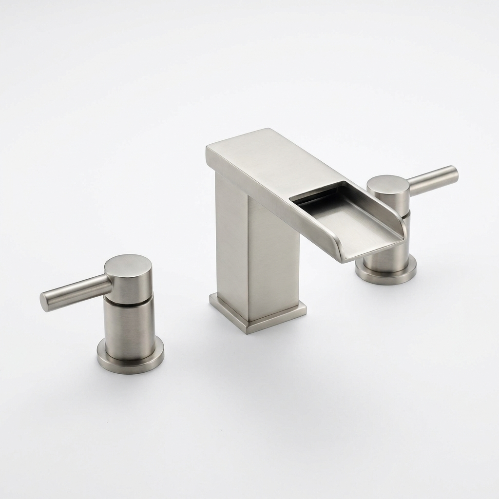 Three-piece widespread waterfall bathroom faucet in brushed nickel
