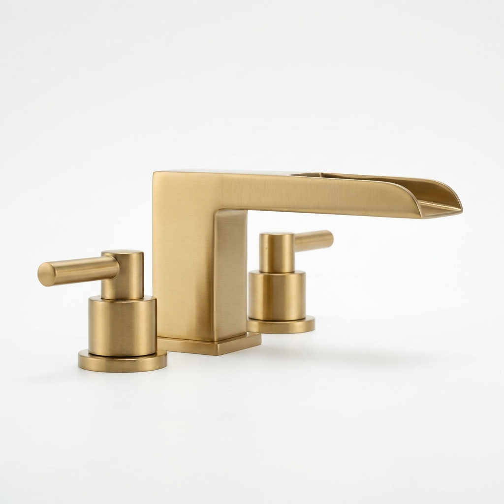 Three-piece widespread waterfall bathroom faucet in brushed gold