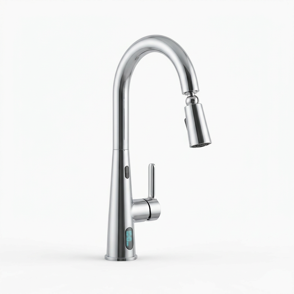 Touchless pull-down kitchen faucet in chrome, front view