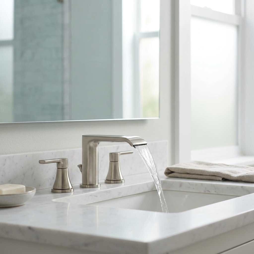 Widespread faucet installed on a marble vanity with an undermount basin