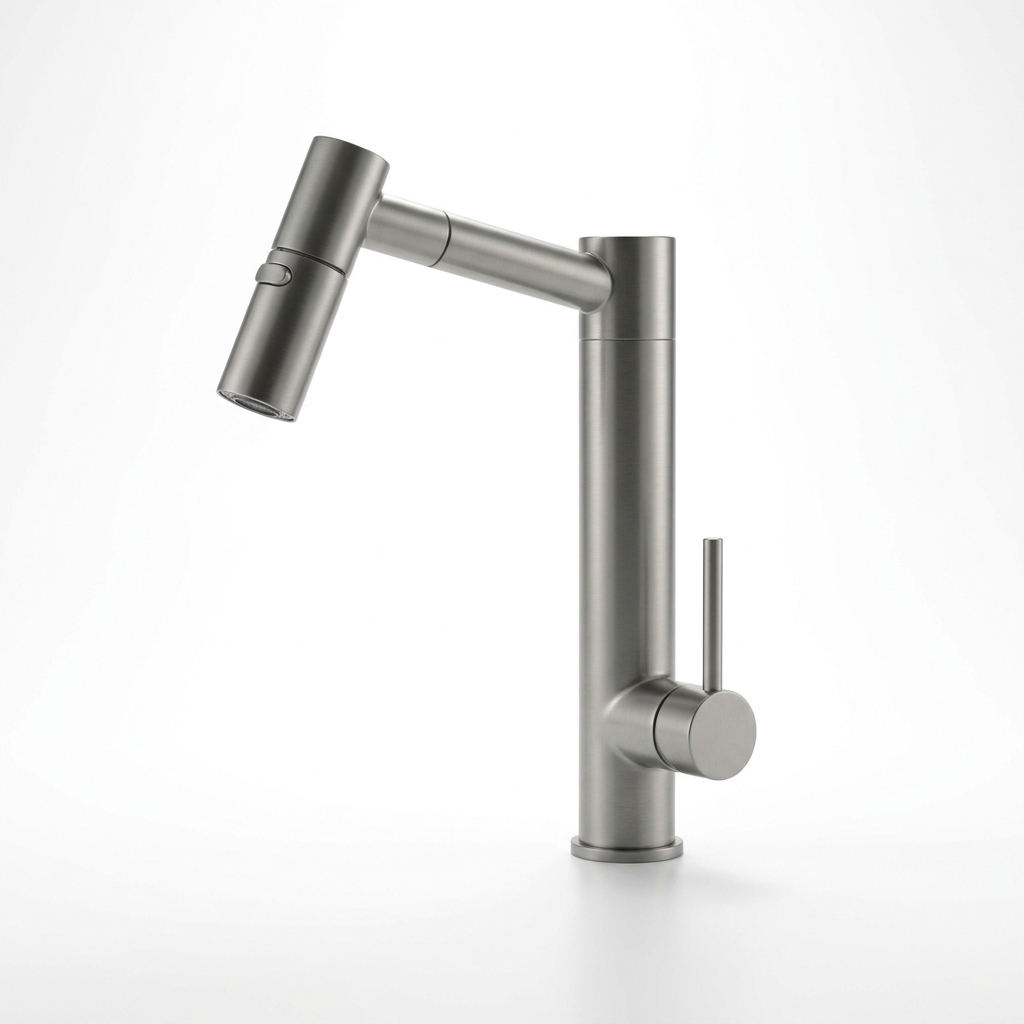 Rotatable kitchen faucet in grey, side view with the nozzle angled down