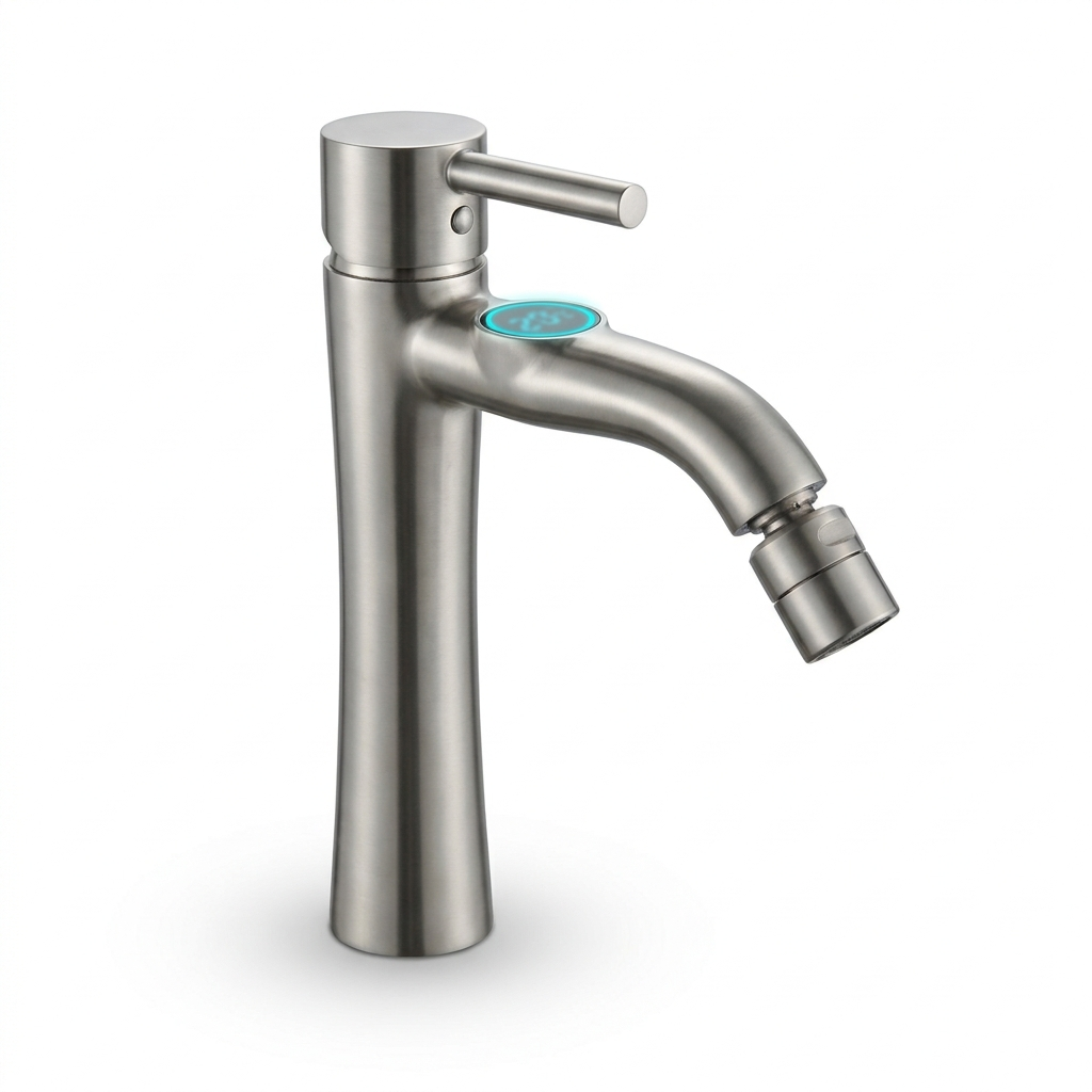 Single-hole rotatable bathroom faucet in brushed nickel, front view