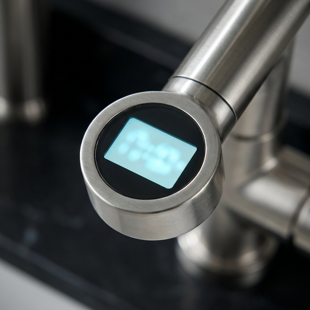 Close-up of the digital temperature display at the spout base
