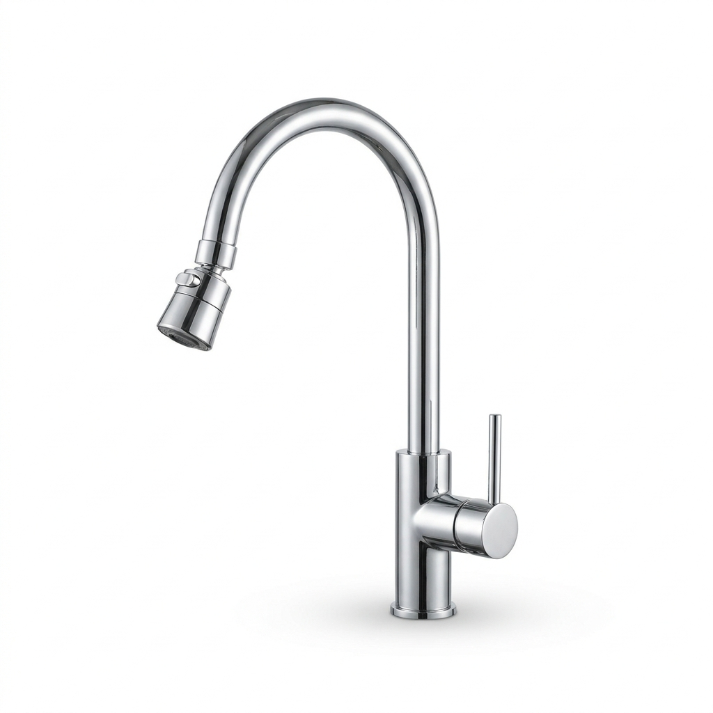 Rotatable kitchen faucet in chrome, front view