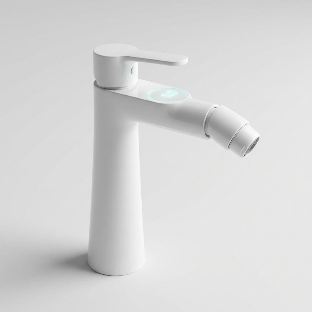 Single-hole rotatable bathroom faucet in white, side view