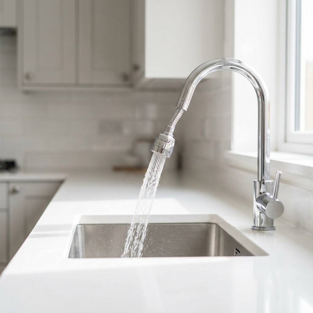 Kitchen faucet installed over a stainless steel sink