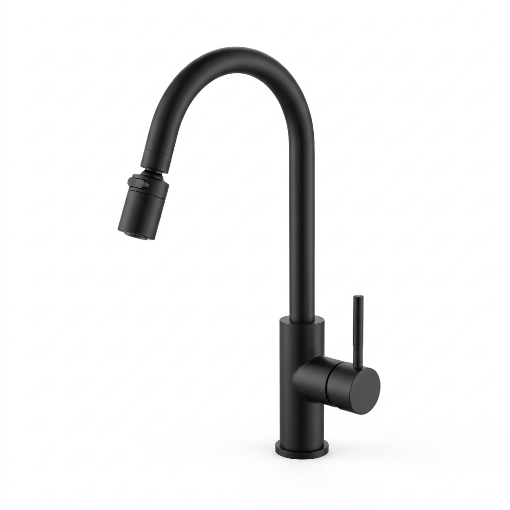 Rotatable kitchen faucet in matte black, front view